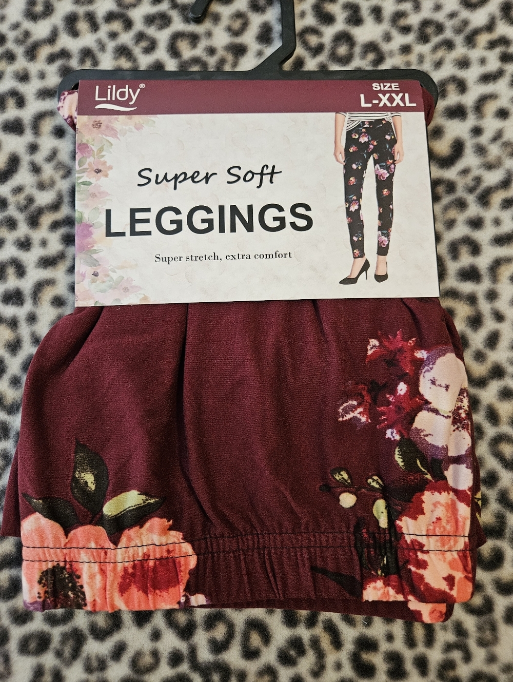 Lildy Printed Super Soft Leggings, Size L-XXL, Brand New (Burgundy Floral Print)